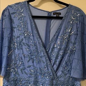 MARINA Maxi Dress in Blue with Three Quarter Sleeve and all over Beading